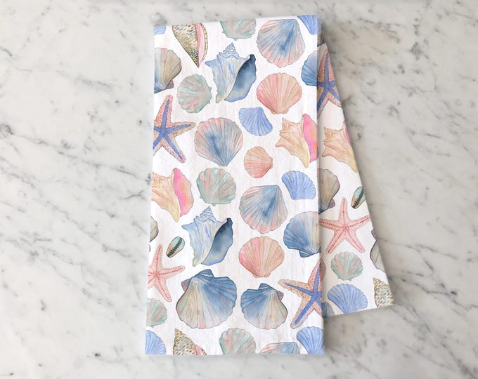 Seashell Tea Towel, Summer Kitchen Decor, Coastal Towel, Summer Decor, Flour Sack Cotton Hand Towel, Beach House Decor, Blue and Pink Shells