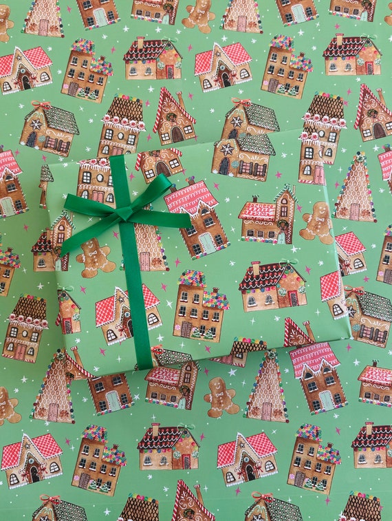 Christmas Wrapping Paper Set of 3 Sheets, Gingerbread Houses Watercolor,  Gift Wrap Sheets, Holiday Wrapping Paper, Fun Present Paper 