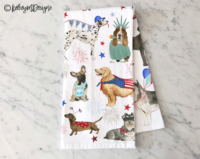 Patriotic Dogs Tea Towel, 4th of July Tea Towel, Summer Kitchen Decor, Dog Lover Gift, Fourth of July Home Decor, Dogs Kitchen Towel