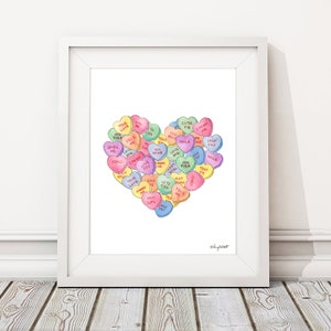 Conversation Hearts Print, Valentines Day Print, Candy Wall Art, Seasonal Kitchen Print, Valentines Decor, Watercolor Valentines Heart Sign