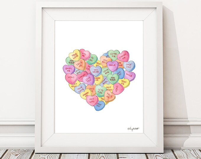Conversation Hearts Print, Valentines Day Print, Candy Wall Art, Seasonal Kitchen Print, Valentines Decor, Watercolor Valentines Heart Sign