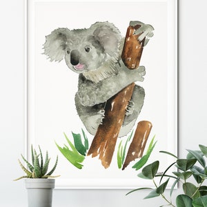 Koala Bear Print, Watercolor Painting, Outback Nursery Decor, Australian Animal Art, Baby Koala, Nursery Peekaboo Animals, Bamboo Wall Art
