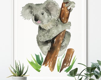 Koala Bear Print, Watercolor Painting, Outback Nursery Decor, Australian Animal Art, Baby Koala, Nursery Peekaboo Animals, Bamboo Wall Art