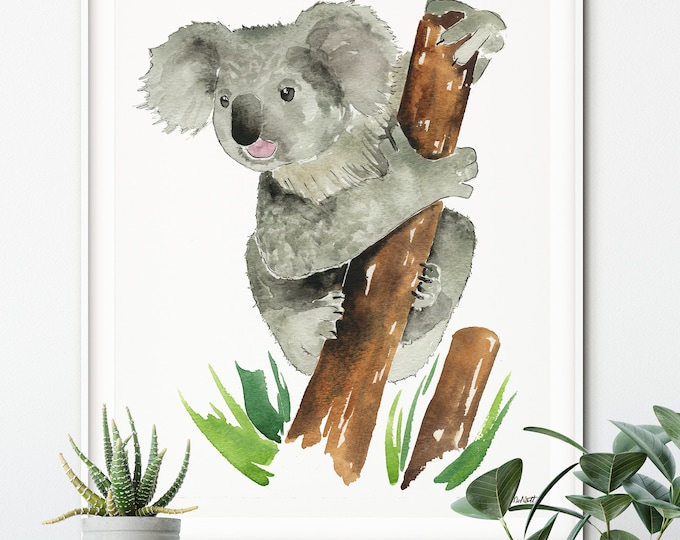 Koala Bear Print, Watercolor Painting, Outback Nursery Decor, Australian Animal Art, Baby Koala, Nursery Peekaboo Animals, Bamboo Wall Art