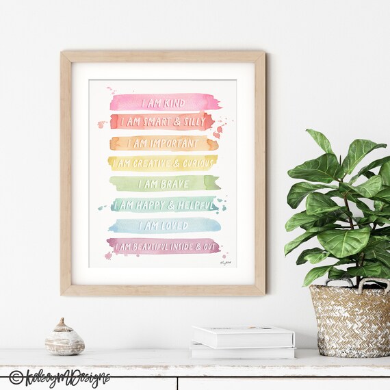Kids Affirmations Chart, Affirmation Wall Art, Kid Room Wall Art, I Am Kind Smart Loved, Playroom Decor, Classroom Poster, Rainbow Decor