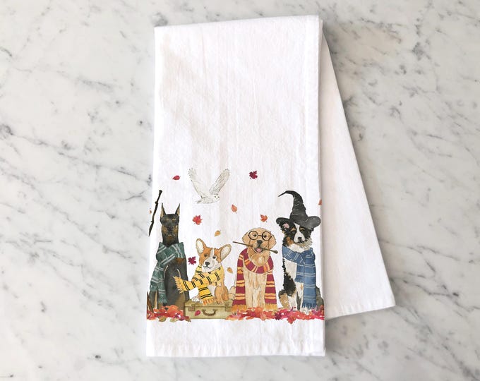 Wizard Dogs Tea Towel, Fall Kitchen Decor, Magical Dog Kitchen Towel with House Scarves, Cute Halloween Dogs Kitchen Towel