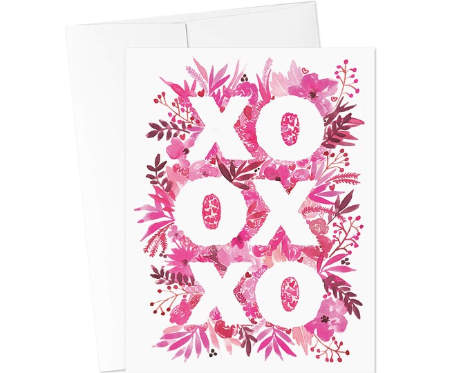 VALENTINES DAY CARDS, xoxo Greeting Card, Pink Valentines Card, Classroom Valentine, Watercolor Valentines Card, Handmade Valentine