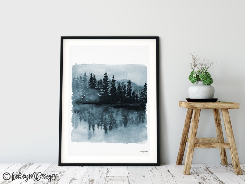 Blue Trees Watercolor painting, Forest Print, Nature Print, Landscape Print, Nature Tree Wall Art, Forest Print Living Room Decor, Woodland image 4
