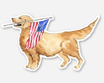 USA Flag Golden Retriever Sticker, Watercolor Dog Sticker, Vinyl Sticker, Dog Lover Gift, 2x3 Die Cut Sticker, Sticker for Cup and Labtop