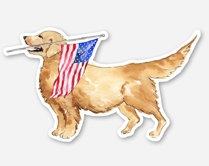 USA Flag Golden Retriever Sticker, Watercolor Dog Sticker, Vinyl Sticker, Dog Lover Gift, 2x3 Die Cut Sticker, Sticker for Cup and Labtop