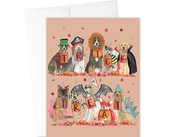 HALLOWEEN CARDS, Trick or Treat Dog Card, Fall Greeting Card, Funny Dog Greeting Card, Halloween Dog Costume Card, Watercolor Halloween Card