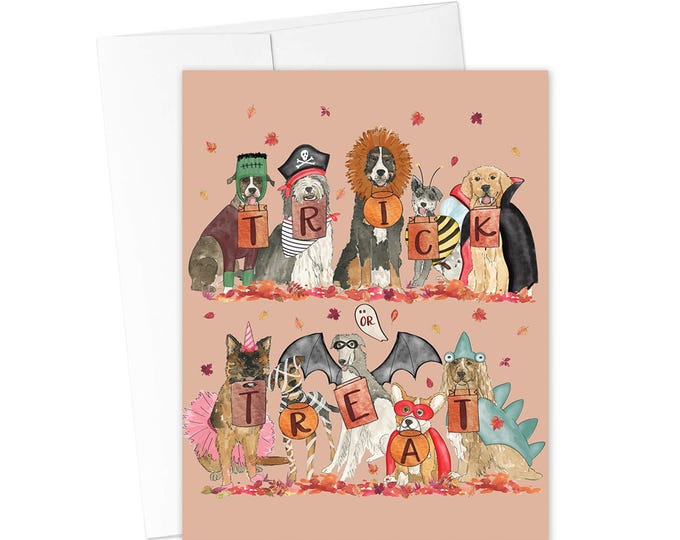 HALLOWEEN CARDS, Trick or Treat Dog Card, Fall Greeting Card, Funny Dog Greeting Card, Halloween Dog Costume Card, Watercolor Halloween Card