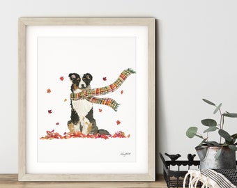 Fall Dog Wall Art, Australian Shepherd Dog Art Print, Autumn Home Decor, Fall Wall Art, Halloween Art Print, Fall Decor, Aussie Dog Gift