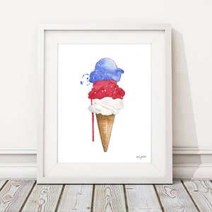 Ice Cream Cone Art Print, 4th of July Wall Art, USA Art Print, Fourth of July Decor, Red White Blue, Kitchen Art Print, USA Flag, Watercolor