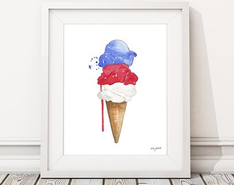 Ice Cream Cone Art Print, 4th of July Wall Art, USA Art Print, Fourth of July Decor, Red White Blue, Kitchen Art Print, USA Flag, Watercolor