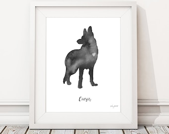 German Shepherd, Personalized Dog Name Print, Shepherd Dog Watercolor, Dog Silhouette, Dog Lover Gift, Custom Dog Portrait, Pet Memorial