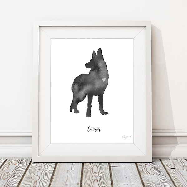 German Shepherd, Personalized Dog Name Print, Shepherd Dog Watercolor, Dog Silhouette, Dog Lover Gift, Custom Dog Portrait, Pet Memorial