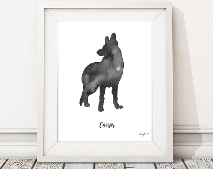 German Shepherd, Personalized Dog Name Print, Shepherd Dog Watercolor, Dog Silhouette, Dog Lover Gift, Custom Dog Portrait, Pet Memorial