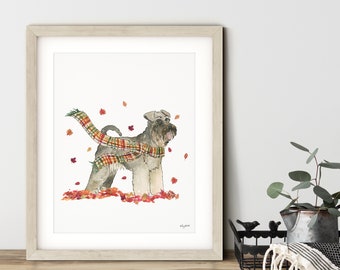 Fall Dog Wall Art, Schnauzer Dog Art Print, Autumn Home Decor, Plaid Fall Wall Art, Halloween Art Print, Fall Decor, Schnauzer Gift