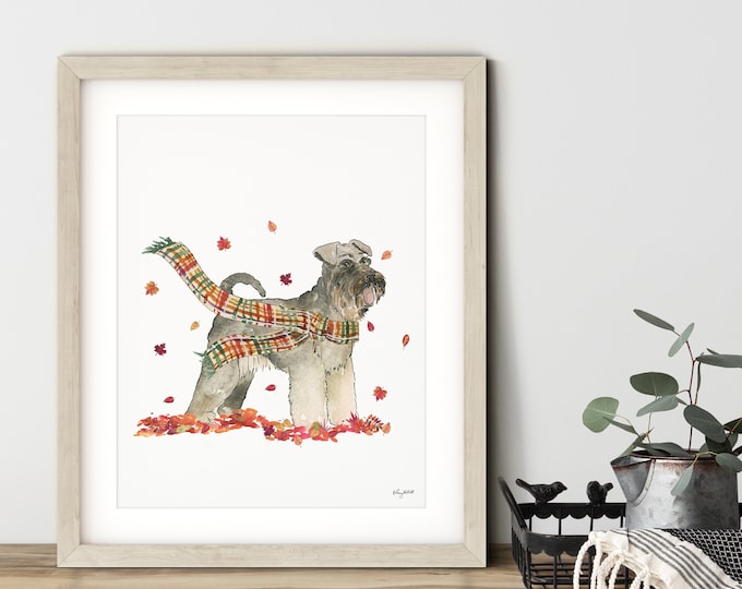 Fall Dog Wall Art, Schnauzer Dog Art Print, Autumn Home Decor, Plaid Fall Wall Art, Halloween Art Print, Fall Decor, Schnauzer Gift