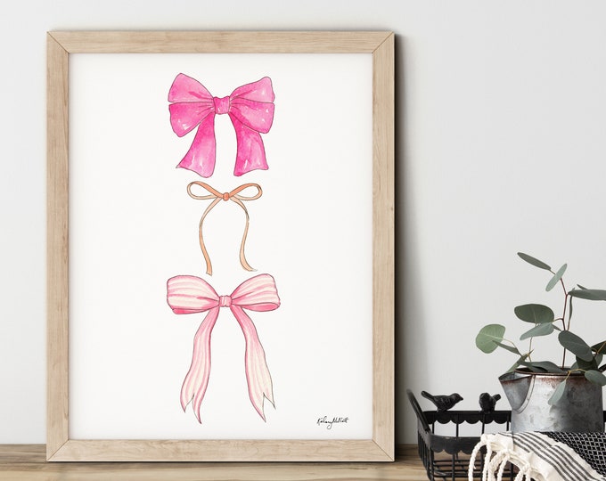 Pink Bow Wall Art, Pink Watercolor Bow Art, Nursery Wall Art, Girls Room Decor, Grandmillennial Bow Art, Toddler Girl Art Print