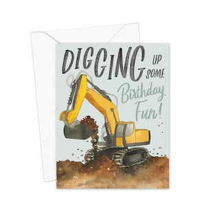 Tarjeta de felicitación de cumpleaños divertida "Desenterrando algo", tarjeta de cumpleaños de excavadora para niños, tarjeta de felicitación de camión de construcción, tarjeta de cumpleaños para niños
