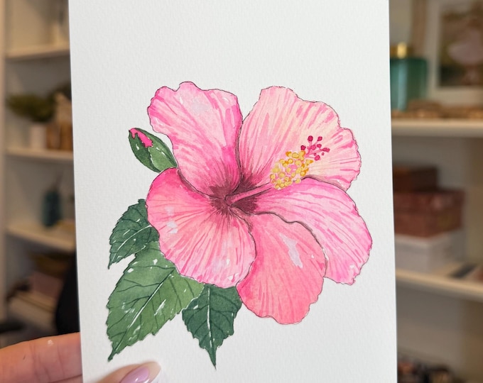 Original Pink Hibiscus Watercolor, Tropical Flower Painting, Floral Wall Art, 5x7 Original Artwork
