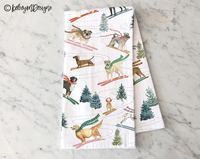 Skiing Dogs Tea Towel, Christmas Kitchen Decor, Holiday Dish Towel, Holiday Dog Decor, Christmas Dishcloth, Dog Lover Gift, Ski Decor
