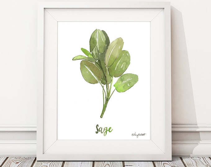 Watercolor Painting Sage Herb Print, Watercolor Wall Art Housewarming Gift Kitchen Decor Botanical Print, Herbs Kitchen Art, Gift for Her