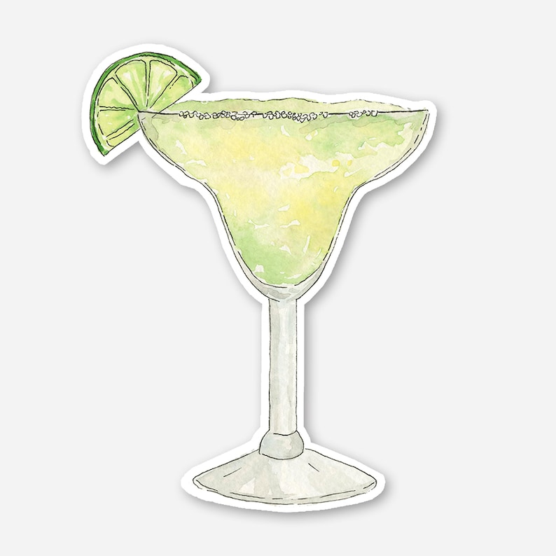 Pode incluir: Ilustra&ccedil;&atilde;o em aquarela de um coquetel margarita em um copo com haste. A bebida &eacute; verde claro e amarela, com uma fatia de lim&atilde;o como enfeite. A borda do copo &eacute; coberta com sal.