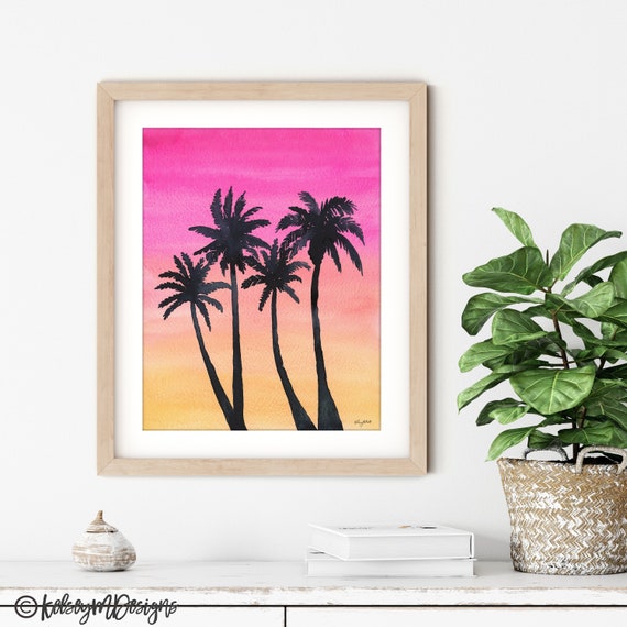 風景 ハワイ 絵 ハワイのヤシの木の壁アート 水彩画 夕焼けのアート