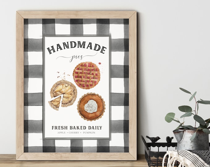 Handmade Fall Pies Wall Art, Farmhouse Kitchen Art Print, Buffalo Check Fall Print, Autumn Decor, Fall Kitchen Wall Art, Pumpkin Pie