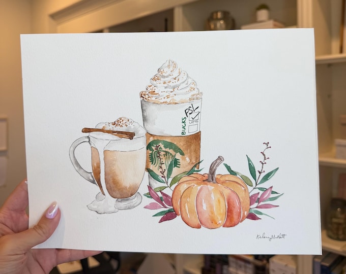 Original Pumpkin Spice Latte Watercolor, PSL Coffee Painting, Fall Coffee Art, Autumn Kitchen Decor, 9x12 Original Artwork