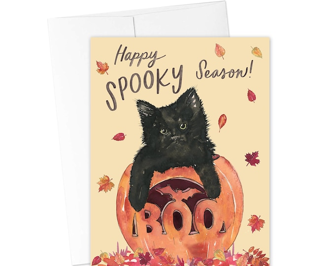 HALLOWEEN CARDS, Happy Spooky Season Greeting Card, Fall Greeting Card, Cute Cat Greeting Card, Halloween Black Cat Pumpkin Card