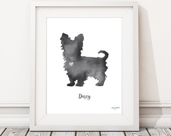 Yorkie Personalized Dog Name Print, Watercolor Painting, Yorkshire Terrier, dog print, Custom Dog Silhouette, Dog Keepsake, Dog Lover Gift