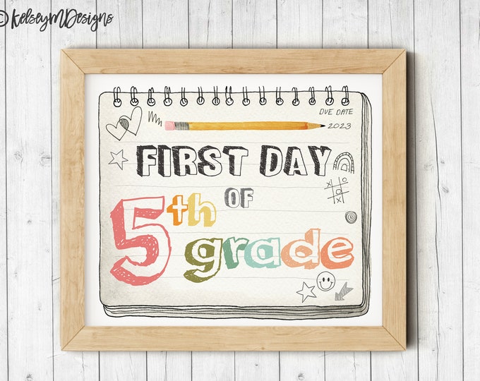 First Day of Fifth Grade Printable Sign, Boho Rainbow First Day of School Sign, 5th Grade Sign, Back To School Printable, INSTANT DOWNLOAD