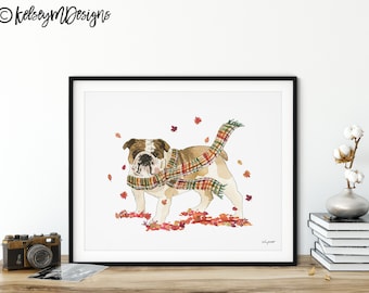 Fall Dog Wall Art, Bulldog Art Print, Autumn Home Decor, Fall Wall Art, Halloween Art Print, Fall Decor, Bulldog Gift, Cozy Fall Decor