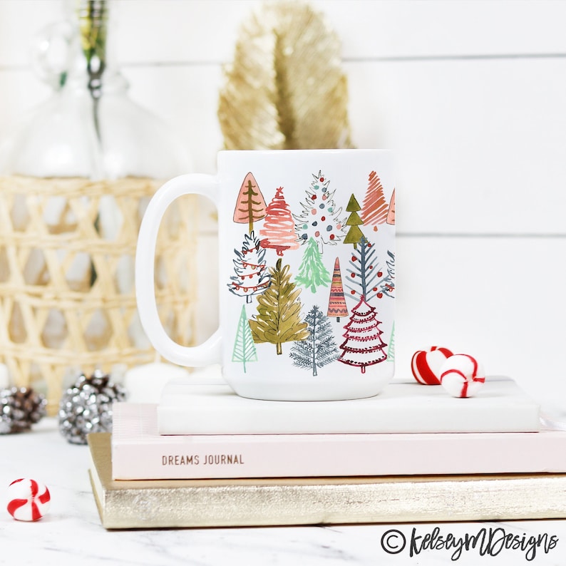 Colorful Christmas Trees Mug, Holiday Coffee Mug, Christmas Decor, 15 oz Mug, Colorful Coffee Mug, Christmas Kitchen Decor, Trees Coffee Cup image 1