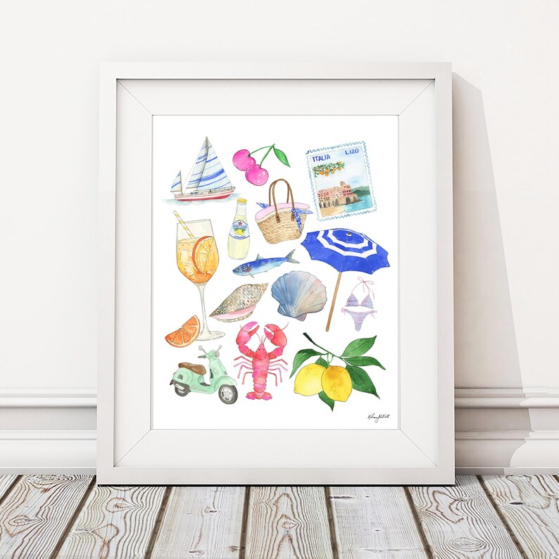May include: A watercolour illustration of various Italian-themed items, including a sailboat, cherries, a basket, an umbrella, a seashell, a lobster, lemons, a scooter, and a glass of Aperol Spritz. The illustration also includes a postage stamp with the text "ITALIA" and a building.