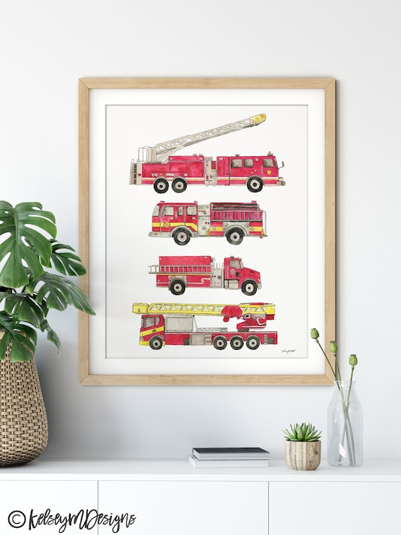 Fire Truck Chart Wall Art, Watercolor Painting, Fire Engine Art Print, Transportation Decor, Boy Room Decor, Emergency Vehicle Art Print