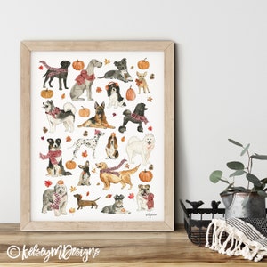 Arte de parede aconchegante para cães de outono, decoração de casa de outono, impressão de arte de outono, impressão de arte de cães, decoração de outono, presente para amantes de cães, pôster de gráfico de cães, arte de parede de abóbora