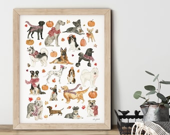 Cozy Fall Dogs Wall Art, Fall Home Decor, Fall Art Print, Dogs Art Print, Autumn Decor, Dog Lover Gift, Dog Chart Poster, Pumpkin Wall Art