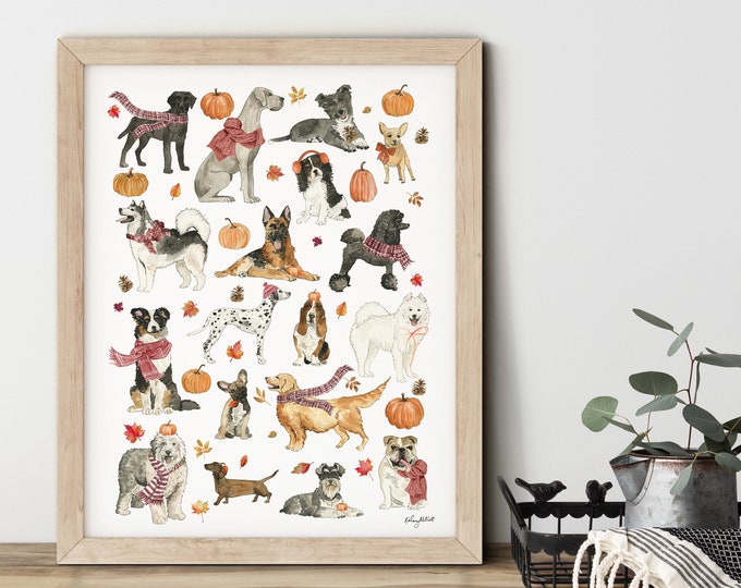 Cozy Fall Dogs Wall Art, Fall Home Decor, Fall Art Print, Dogs Art Print, Autumn Decor, Dog Lover Gift, Dog Chart Poster, Pumpkin Wall Art
