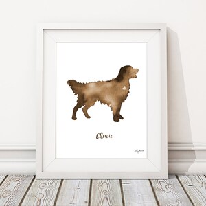 May include: A watercolor painting of a brown dog silhouette with the name "Chewie" written below. The dog is standing on a white background.