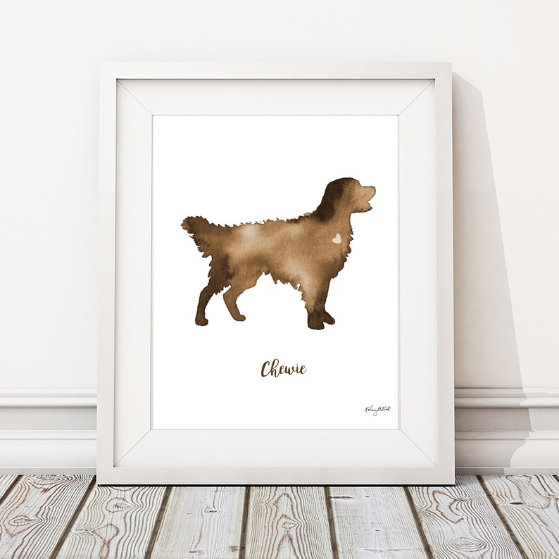 May include: A watercolor painting of a brown dog silhouette with the name "Chewie" written below. The dog is standing on a white background.