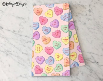 Valentines Conversation Heart Tea Towel, Holiday Kitchen Decor, Pink Heart Dish Towel, Valentine Towel, Valentines Gift, Sweetheart Towel