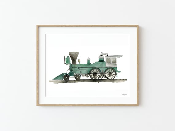 Steam Locomotive Train Wall Art, Watercolor Painting, Transportation Decor, Train Boy Room Decor, Kids Bedroom Art, Train Art Print
