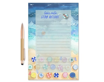 Take Note Stay Afloat Notepad, Watercolor Beach Notepad, Gift Idea, Beach Umbrella, To Do list pad, Coastal Stationery, Pun Notepad