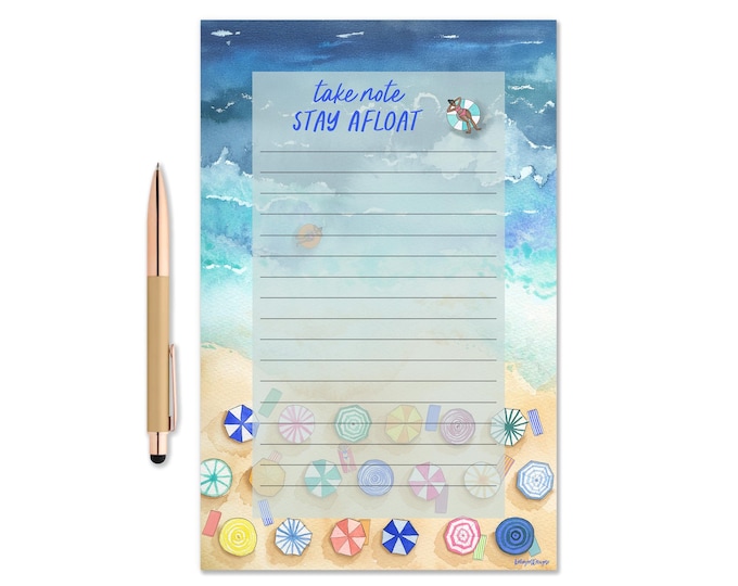 Take Note Stay Afloat Notepad, Watercolor Beach Notepad, Gift Idea, Beach Umbrella, To Do list pad, Coastal Stationery, Pun Notepad