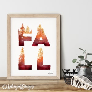 Fall Forest Wall Art, Fall Art Print, Autumn Trees, Watercolor Painting, Fall Home Decor, Fall Leaves, Autumn Decor, Red Orange